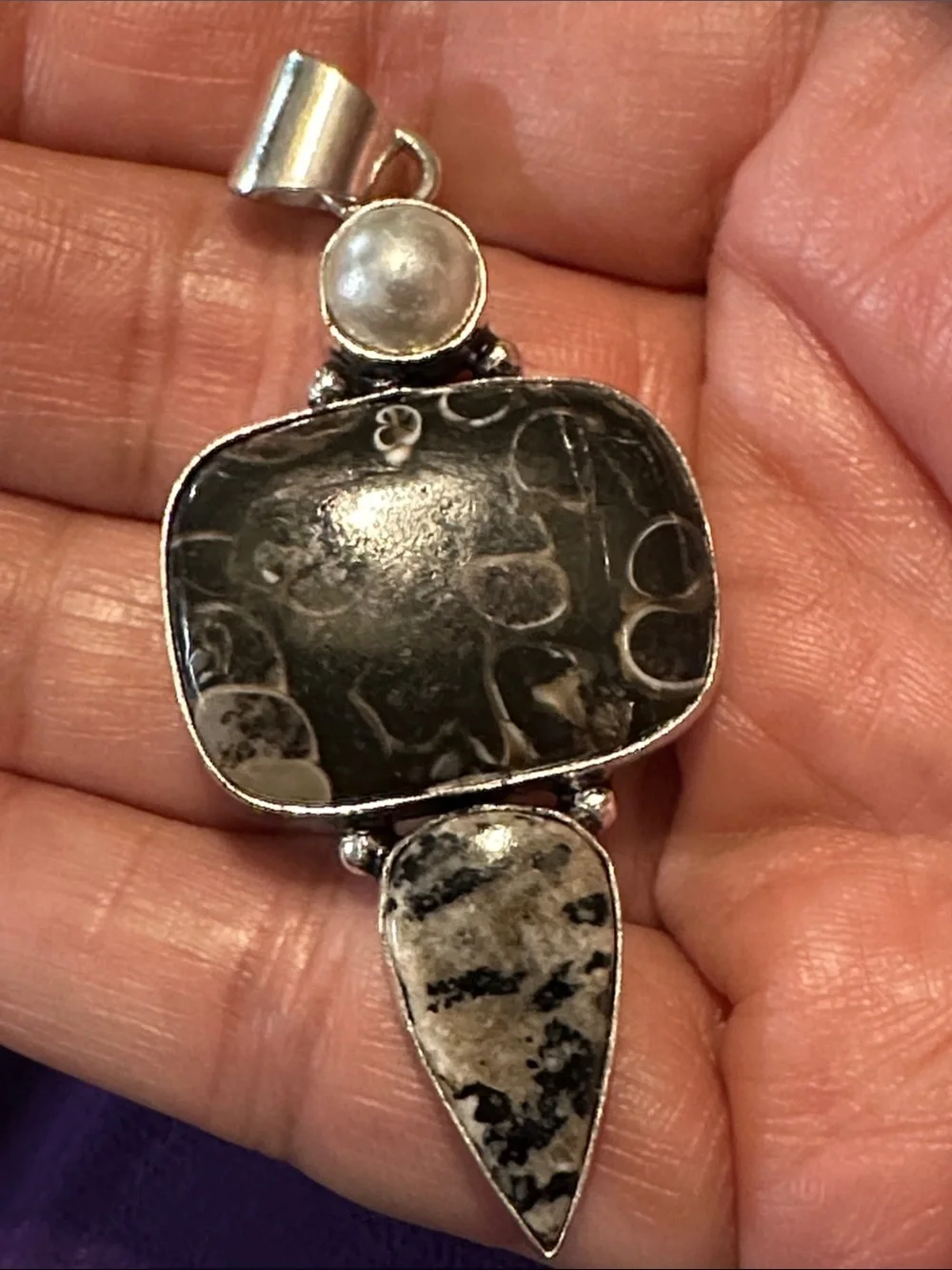 Artisan Black and White Jasper Pendant with Pearl Accent